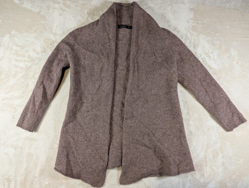 LUSSO Cashmere Womens Large Brown Open Front Cardigan Sweater Shawl Collar